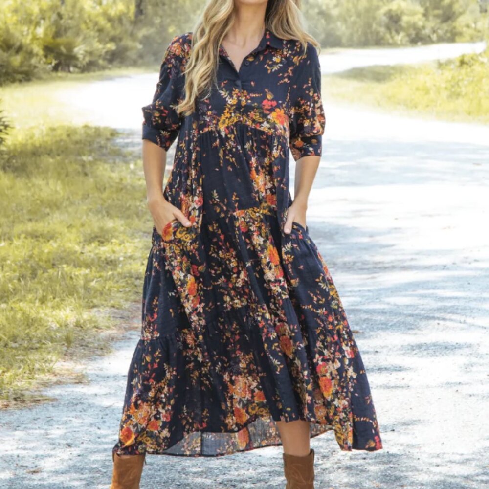 NATURAL LIFE - Rebecca Midi Dress - Navy Red Bouquets - Large